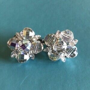Vintage Aurora Borealis Beaded Crystal Cluster Clip Earrings Silver Tone